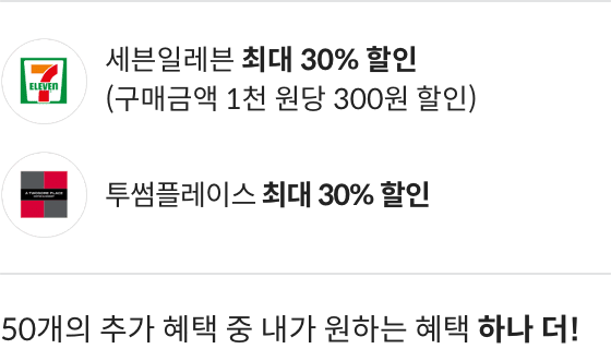 세븐일레븐 최대 30% 할인 (구매금액 1천 원당 300원 할인) , 투썸플레이스 최대 30% 할인 48개의 추가 혜택 중 내가 원하는 혜택 하나 더!