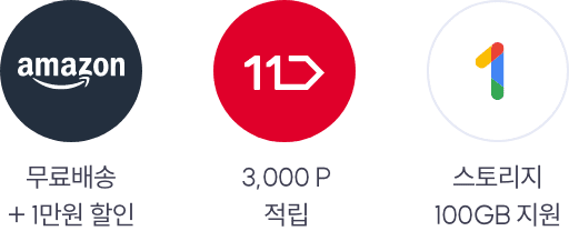 amazon - 무료배송,1만원 할인, 11번가 - 매월 3,000P 적립, Google one - 스토리지 100GB 지원